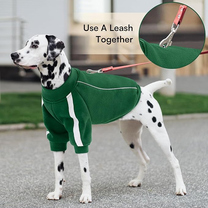 Queenmore XXXL Christmas Dog Sweater, Cozy Fleece Dog Sweatshirt, Warm Winter Fleece Jacket for Small, Medium & Large Dogs with Leash Hole/Reflective Stripes Green