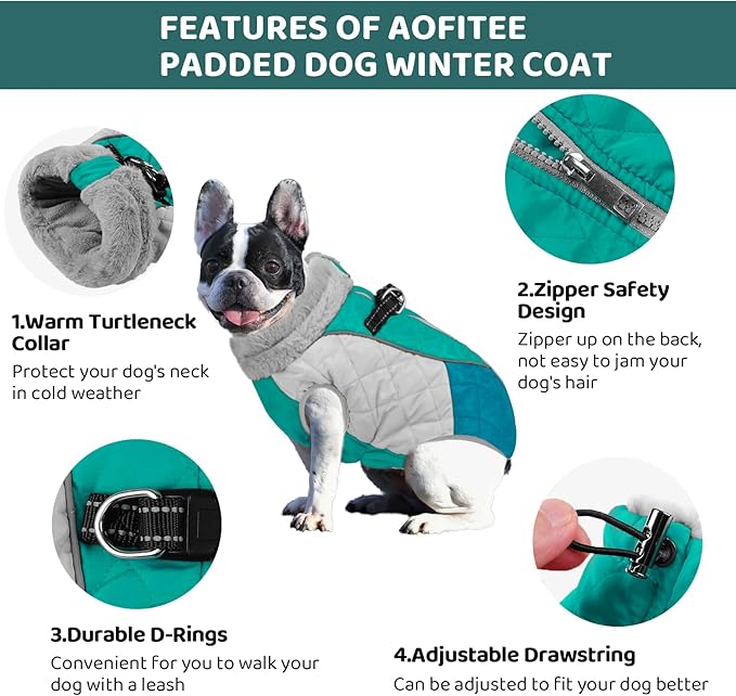 AOFITEE Dog Coat, Warm Dog Jacket, Reflective Dogs Winter Coat with Harness Built in and Fleece Lined, Waterproof Pet Winter Jacket Snowsuit for Small Medium Large Dogs, Green L