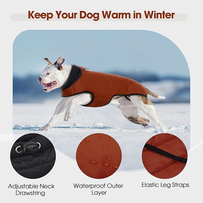 IDOMIK Dog Winter Coat, Warm Waterproof Dog Puffer Jacket with Harness Hole, Adjustable Reflective Snow Jacket Vest with Turtleneck, Pet Cold Weather Coats for Large Dogs,Caramel,XL