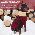 Queenmore Dog Coats for Large Dogs, Dog Jacket, Warm Fleece Winter DogCoat with Harness Built in, Back Zipper Pet Jacket for Large Breeds, Thick Fleece Lining Pet Snowsuit, Burgundy 2XL