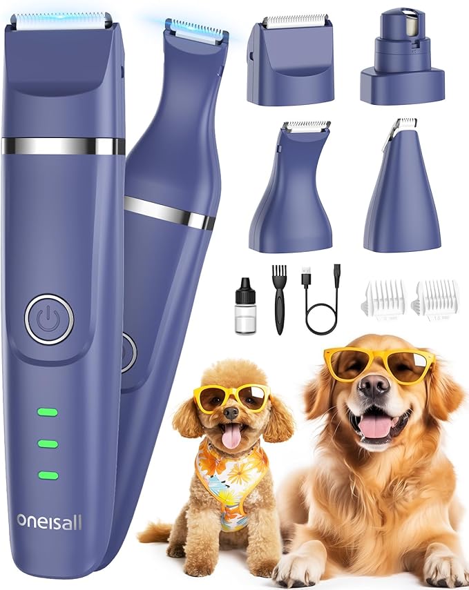 oneisall Dog Clippers & Dog Paw Trimmer 4-in-1 Cordless Grooming Kit: 2-Speed Low Noise Clippers with Rechargeable Quiet Nail Grinder for Dogs & Cats (Blue)