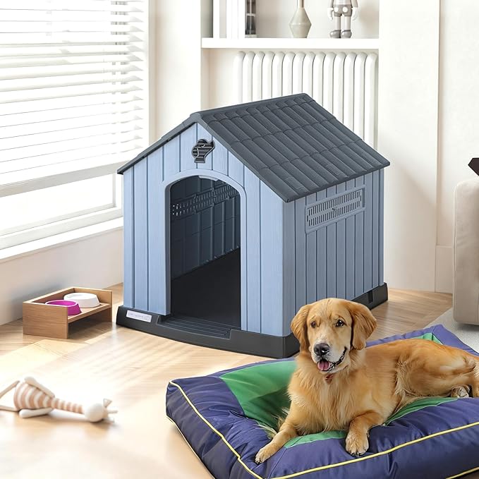 PUKAMI Large Dog House Outdoor Indoor, Plastic Dog House Weatherproof for Large Dogs, Study Puppy Shelter with Air Vents and Elevated Floor, Easy Clean and Assemble (Grey, 31.5"D x 33.5"W x 33.9"H)