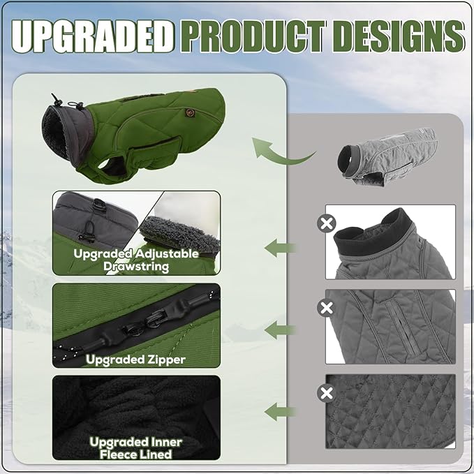 EMUST Winter Coat for Large Dogs, Windproof Dog Jacket for Cold Weather, Extra Warm Pet Winter Clothes for Small Medium Large Dogs, Green, XXL