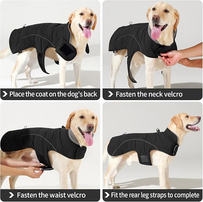 HEYWEAN Dog Winter Coat - Waterproof Windproof Reflective Vest for Medium & Large Breeds Adjustable Warm FleeceLined Jacket with Magic Tape & D-Ring for Leash Cold Weather Apparel (Black, XX-Large)