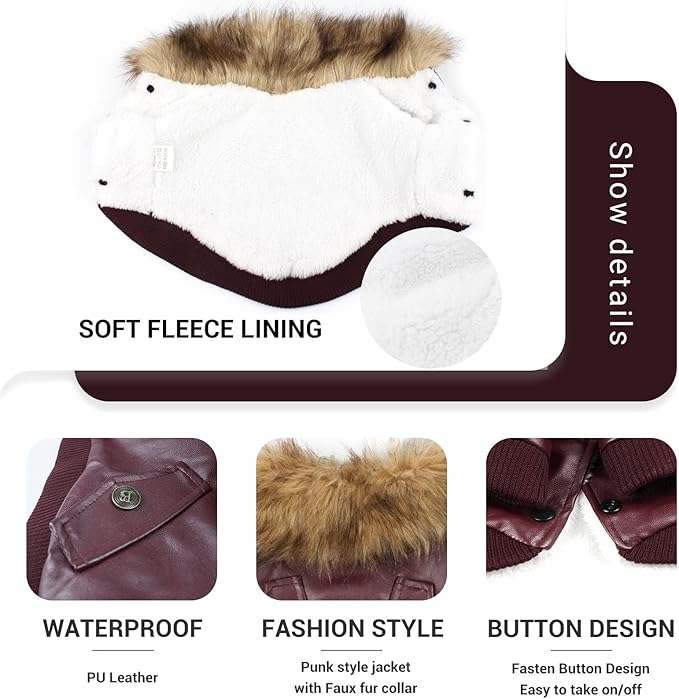 LESYPET Dog Leather Jacket for Small Dogs, Waterproof Dog Winter Jacket Puppy Coat with Fleece Lined, Ultra Warm Fur Collar Doggie Coat, Red XX-Large