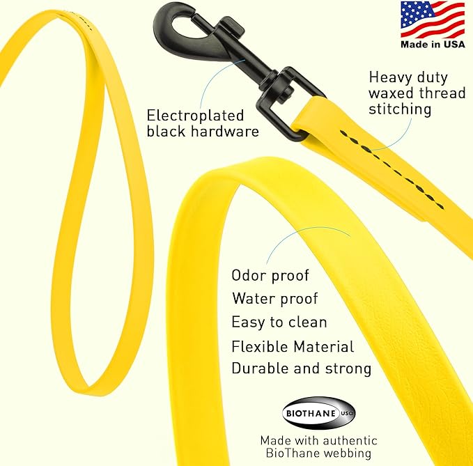 Dogline Biothane Waterproof Dog Leash Strong Coated Nylon Webbing with Black Hardware Odor-Proof Easy to Clean High Performance for Small or Large Dogs Made in USA 4 or 6 ft Lead, Lemon Yellow