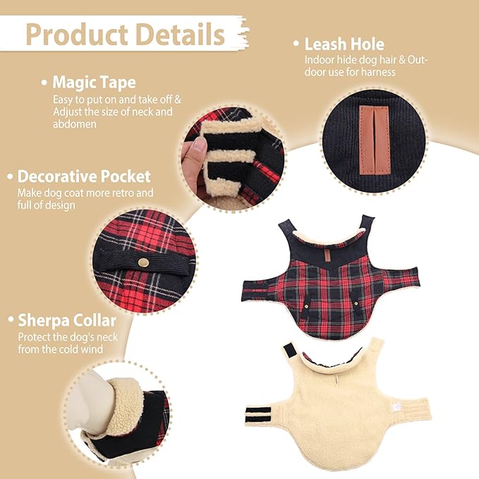 Winter Coat for Small and Medium Dogs, Puppy Plaid Jacket, Cotton Coat for Cold Weather, Windproof Warm Dog Garments, Pet Thickened Outfits Indoor Outdoor, Red S