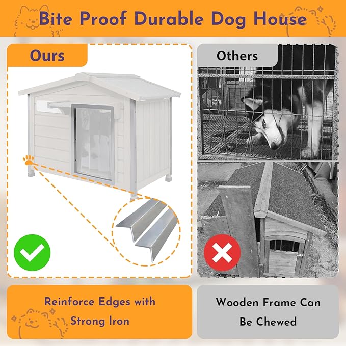 Outdoor Dog House Weatherproof Large Wooden Dog Kennel Indoor for Small Dogs with Chew-Proof Frame, Oxford Fabric Window, Removable Floor Pet Shelter (Grey, 30.1" D x 18.3" W x 24" H)