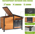 Heated Dog House Outdoor, Insulated Dog Kennel with Heating Pad for Winter, Weatherproof Dog Shelter with Anti-Chewing Metal Frame and Bowls for Small Medium Large Dogs (Brown)