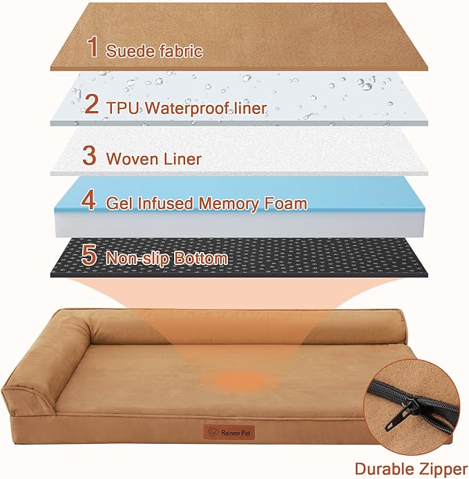 Orthopedic Dog Beds Large Sized Dog, Memory Foam Pet Bed for Medium and Large Dogs, Removable and Washable Microsuede Cover, TPU Waterproof Liner, Nonskid Bottom, 36x27x6 Inches, Khaki