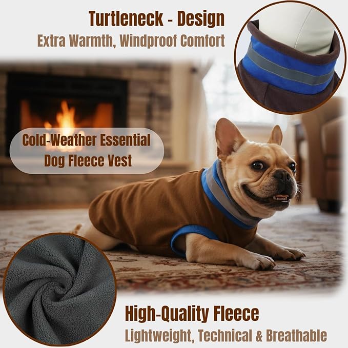 Winter Warm Turtleneck Fleece Vest Dog Sweater, Soft & Snug-Fit Puppy Coat for Medium Dogs with Back-Zipper, Thermal Doggie Vests Sweatshirt, Lightweight Pet Clothes for French Bulldog Girl (Brown, M)