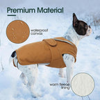 Kuoser Canvas Dog Coat, Warm Dog Jacket Reflective Fleece Pet Cold Weather Coat, Warm Doggie Clothes Waterproof Winter Vest with Zipper Leash Hole for Small Medium Large Dogs, Brown XL