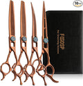 7'' Dog Grooming Scissors Set 4PCS Curved Thinning Straight Chunkers Shears Kit with Hollow Out Design Ergonomic Offset Handle High Cobalt Alloy Steel Sharp and Durable(7, Chocolate Kit)