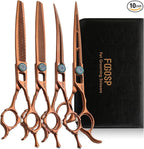 7'' Dog Grooming Scissors Set 4PCS Curved Thinning Straight Chunkers Shears Kit with Hollow Out Design Ergonomic Offset Handle High Cobalt Alloy Steel Sharp and Durable(7, Chocolate Kit)
