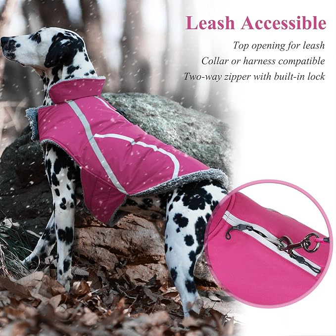 VIVAGLORY Frostfit Dog Coat, Dog Jacket for Winter & Cold Weather, Warm Fluffy Fleece Lined Water Resistant Reflective for Puppy, Coat with Velcro Fastening & Leash Hole, L, Fuchsia