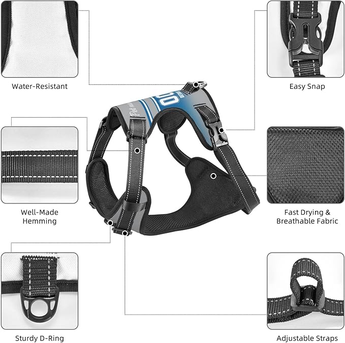 Custom Detroit Dog Harness with Reflective Stripes Personalized Name and Number Dog Vest Harness with Pet Traction Rope for Small Medium Large Dog