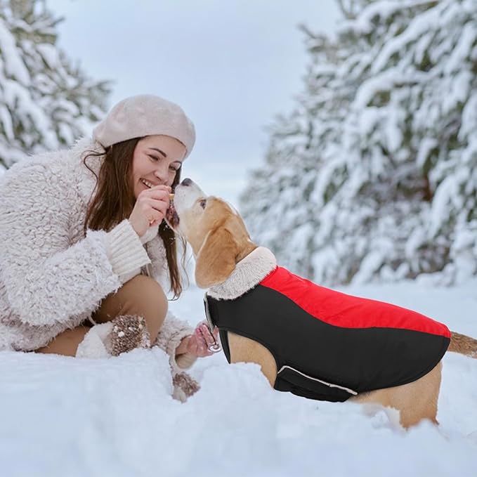Warm Dog Coat,Waterproof Jacket in Winter Adjustable and Reversible Doggy Fleece Outfit,Thick Clothes with Foldable Collar for Puppy in Cold Days,2XL Red