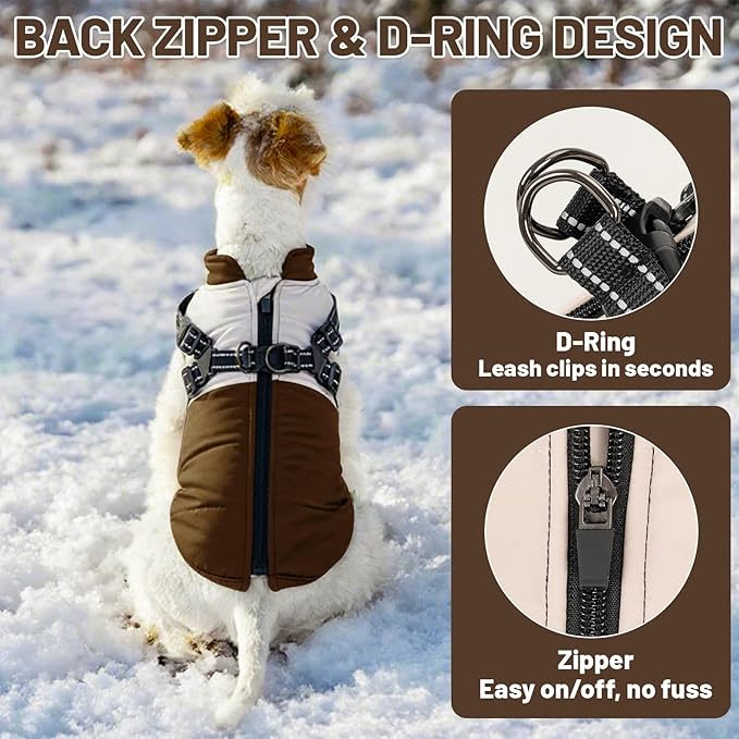 Dog Winter Coat for Small & Medium Dogs (Up to 31lb), Waterproof Dog Coat with Harness, Puppies Windproof Puppy Puffer Jacket, Snowsuit for Dachshund,Frenchie, Corgi (Classic Brown, 2XLarge)