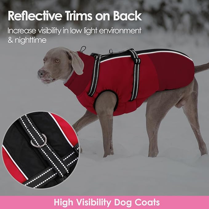 AOFITEE Dog Coat, Windproof Turtleneck Dog Jacket with Built in Harness, Reflective Dogs Jackets with Fleece Lining, Waterproof Pet Winter Coat for Cold Weather for Border Collie, Beagle, Red XL