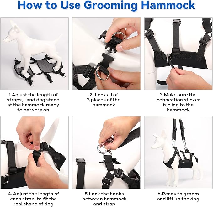 2 in 1 Pet Grooming Hammock with No-Pull Harness, Disassembles into Leash, Adjustable Loop/Leash, Stainless Hooks, Small Size for Cat/Dog