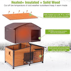 GUTINNEEN Extra Large 60" Heated Dog House Outdoor Insulated Dog Kennel with Safe Heated Pad, Chew-Proof Metal Frame and Rotating Food Bowl for Large Dog Breeds, 60" L x 36" W x35.4 H (Brown)