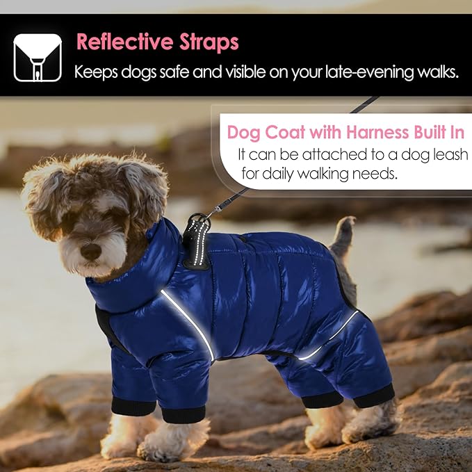 AOFITEE Dog Coat, Waterproof Dog Winter Jacket, Warm Fullbody Dogs Snowsuit, Winter Coat for Small Dogs, Zip Up Pet Puffer Jacket Fleece Vest, Outdoor Reflective Cold Weather Pet Coats, Blue L