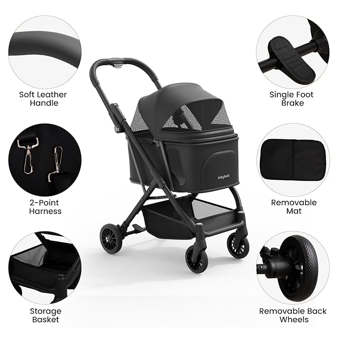 Lightweight Dog Stroller for Small Dogs & Cats Portable Compact Folded Pet Stroller Up to 35lbs Medium Pets One Click Folding Large Cat Carriage with Convertible Canopy Storage Basket - Black