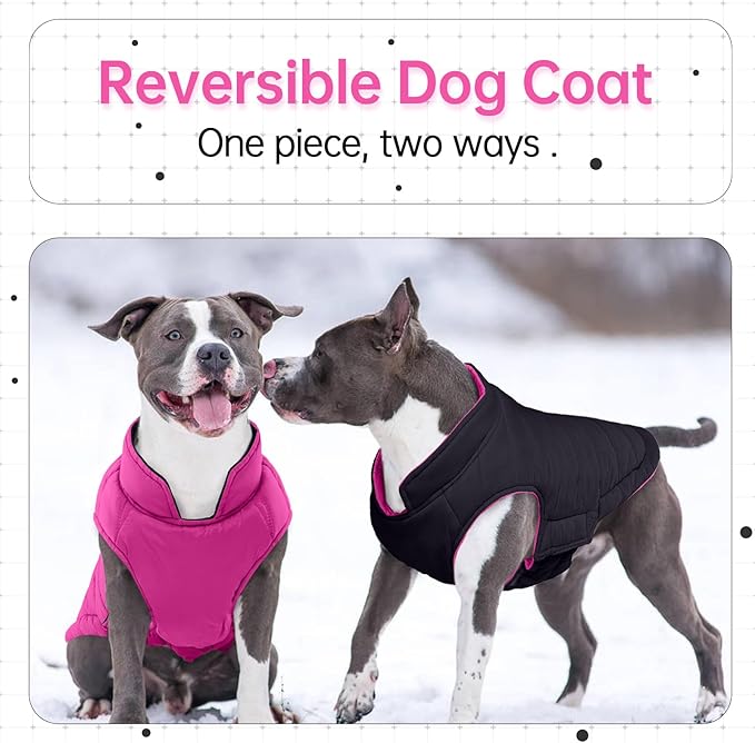 Lelepet Reversible Dog Coat Waterproof Dog Jacket Windproof Puffer Vest for Winter Warm Lightweight Coats for Medium Dogs Adjustbale Hook & Loop Pet Apparel with Leash Hole, French Bulldog, Rose Red L
