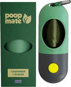 Dog Poop Bag Holder with Flashlight - Waste Bag Dispenser for Night Walks - Durable, Portable with Leash Clip & Carabiner - Includes 15 Dog Poop Bags - Green