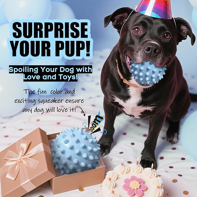 Apasiri Dog Toy Squeaky Ball – Interactive Spiky Ball with Bacon Flavor, Indestructible Tough Rubber Dog Toy, 3.5'' for Medium & Large Dogs – Christmas & Party Gifts for Dogs - Blue