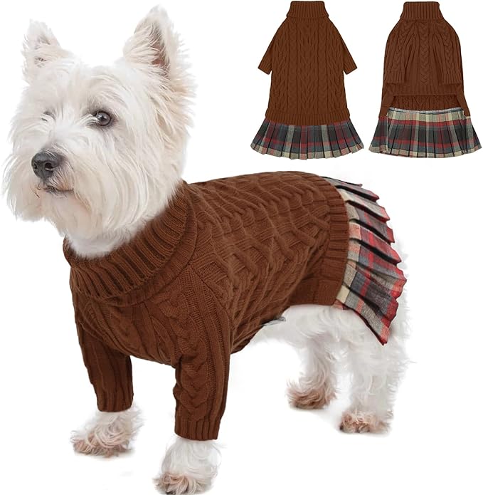 IECOii Girl Dog Sweater Dress - Cable Knit Dog Sweater for Small Dogs Girl - Caramel,Medium, Turtleneck Pullover Sweaters with Tartan Plaid Skirt, Adorable Warm Dog Knitted Dress for Christmas