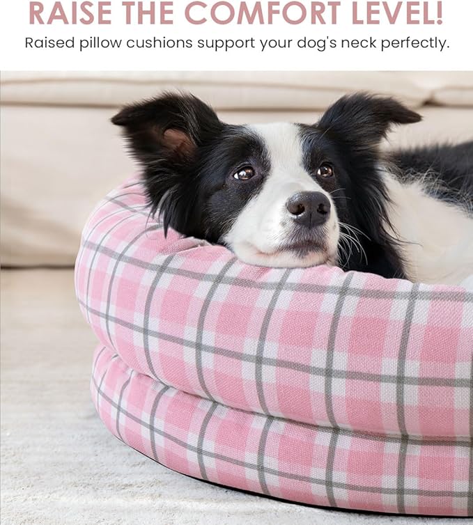Orthopedic Dog Bed for Large Dogs, Pet Sofa Bed with Egg Crate Foam, 4-Sided Bolster, Removable Washable Cover & Anti-Slip Bottom, Large Pink Plaid