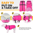 Lelepet Dog Winter Coat Waterproof Dog Jacket with Harness Built in Windproof Reflective Pet Coats for Small Medium Large Dogs, Thermal Fleece Lined Coats for Cold Weather Walking Hiking, Rose Red, XL