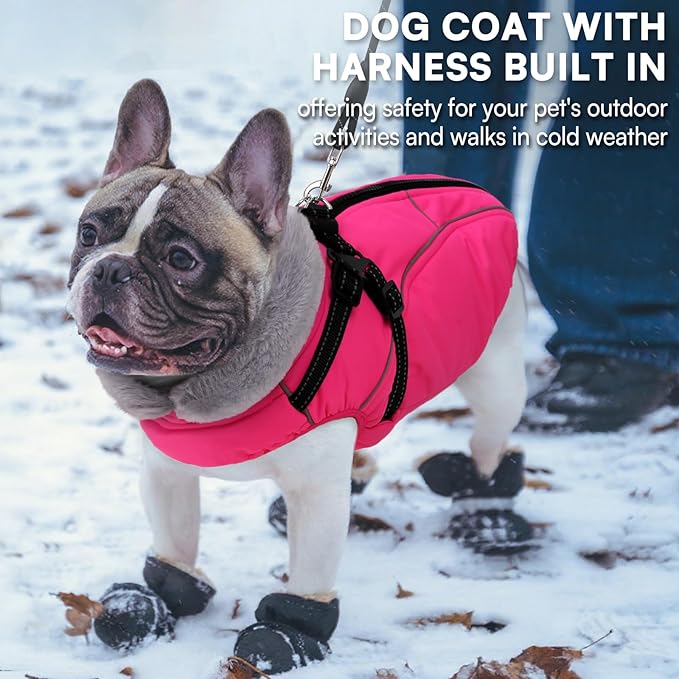 Queenmore Large Dog Jackets,Dog Coats for Extra Large Dogs with Harness Built in,Reflective Waterproof Dogs Jackets with Fleece Lining,Warm Snowsuit Pet Coats for German Shepherd,Rosered,XXXL