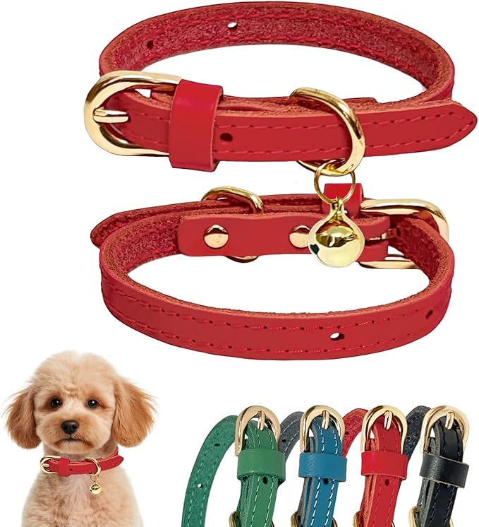 Guiding Star Leather Collar for Puppy, Cute Soft Thin Dogs Collars for Small Medium Dogs, Cat Collar with Bell (Red, XXS, 6.2"-10")