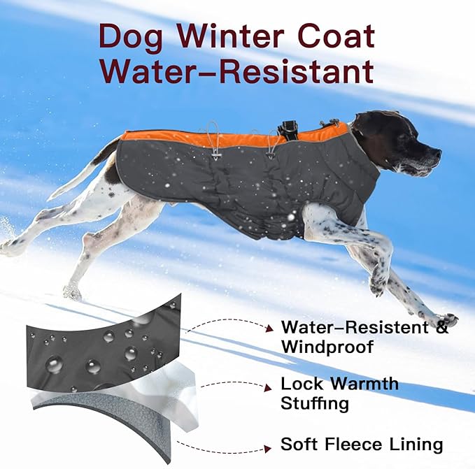 Dog Winter Jacket - XX Large, Warm Zip Up Snowsuit Dog Harness Vest, Reflective, Water-Resistant, Orange-Gray