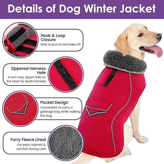 SUNFURA Small Dog Coat, Warm Dog Winter Jacket, Reflective Pet Snow Jacket with Fleece Lined, Waterproof Puppy Snowsuit Pet Sweater Clothes for Small Dogs, Red XS