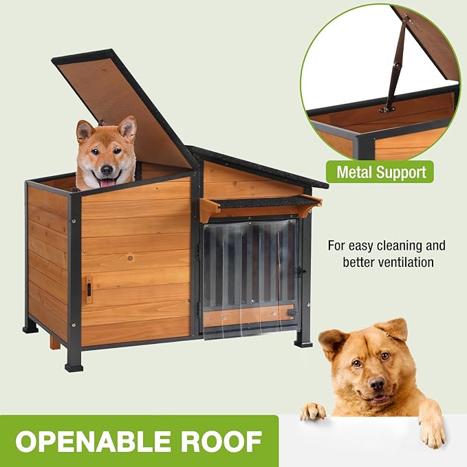 Heated Dog House Outdoor, Insulated Dog Kennel with Heating Pad for Winter, Weatherproof Dog Shelter with Anti-Chewing Metal Frame and Bowls for Small Medium Large Dogs (Brown)