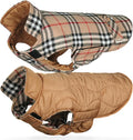 VIVAGLORY Softjoy Dog Coat, Dog Jacket for Winter & Christmas, Coat with Harness Hole & Velcro Closure, Reversible Plaid Checkered Warm Fluffy Heavy Duty for Puppy, L, Khaki