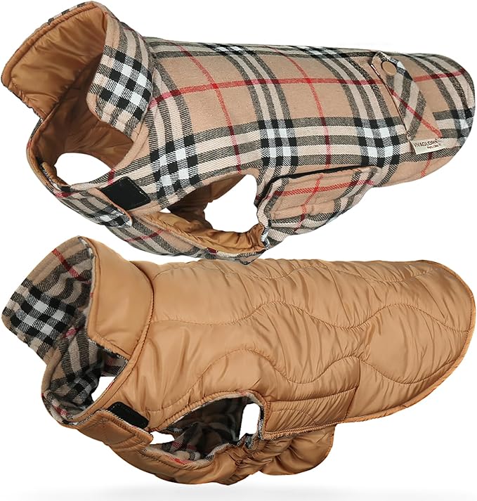 VIVAGLORY Softjoy Dog Coat, Dog Jacket for Winter & Christmas, Coat with Harness Hole & Velcro Closure, Reversible Plaid Checkered Warm Fluffy Heavy Duty for Puppy, XS, Khaki