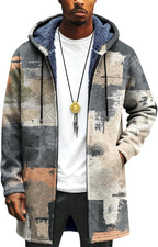 Mens Long Cardigan Hoodies Full Zip Fleece Lined Jackets Fashion Knitted Color Block Hooded Coat with Pockets