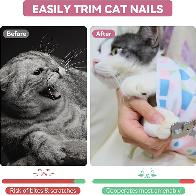 Cat Grooming Wrap for Cutting Nails, 27.6" Anti-Escape Calming Cat Swaddle Wrap for Medicine, Nail Clipping, Teeth Brushing, Ear Cleaning, Self-Adherent Burrito Restraint, (Happy Kitty, L)