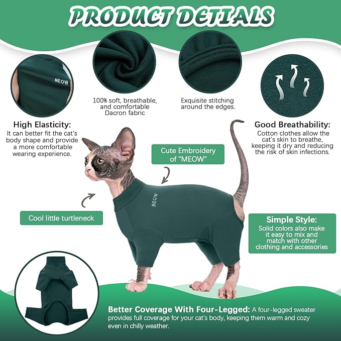 ROZKITCH Sphynx Cat Clothes, Breathable Soft Cat Jumpers for Cats Only, Coat with Four Legs, Warm Sweater T-Shirt Pajamas Jumpsuit Vest Cornish Rex Devon Rex Peterbald DarkGreen M