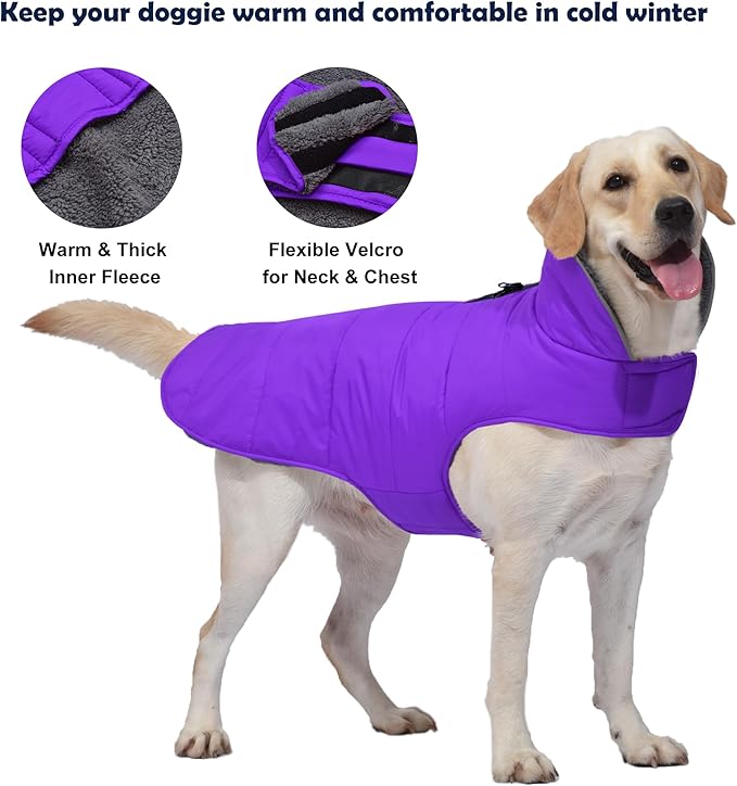 Dog Winter Coat, Waterproof Dog Jacket with Leash Hole, Reflective Adjustable Pet Snow Vest, Warm Fleece Sweater for Small Medium Large Dogs - Purple, M