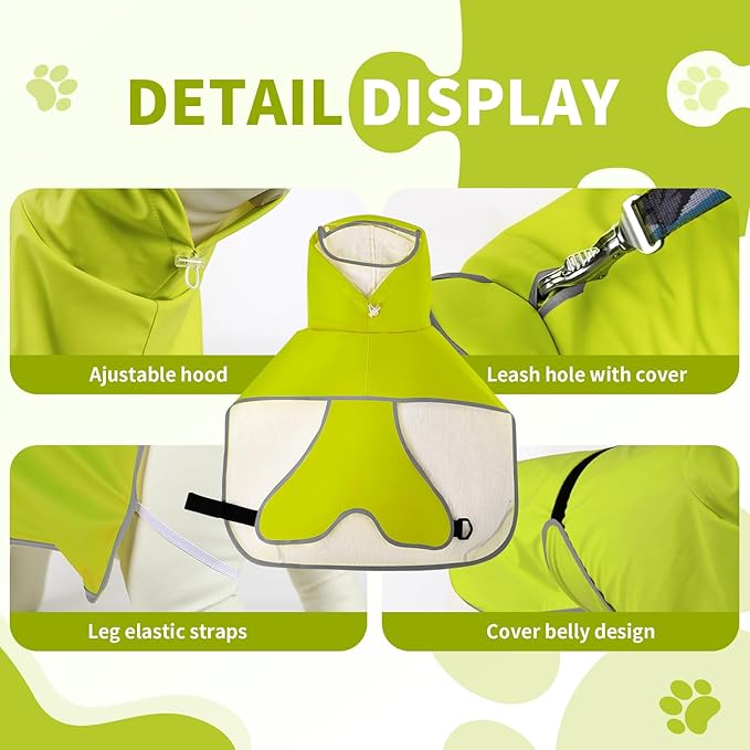 Dog Raincoat, Waterproof Windproof Dog Rain Jacket with Hood, Rain Coat with Leash Hole, Adjustable Raincoat Poncho for Small Medium Large Dogs Outdoor (Neon Yellow, Medium)