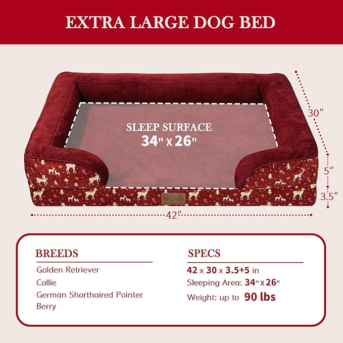 Comfort Expression Orthopedic Dog Bed for Extra Large Dogs 42x30 Inch, Waterproof Egg Crate Foam XL Pet Bed with Removable Bolsters, Dog Couch with Washable Cover & Non-Slip Bottom, Christmas Red