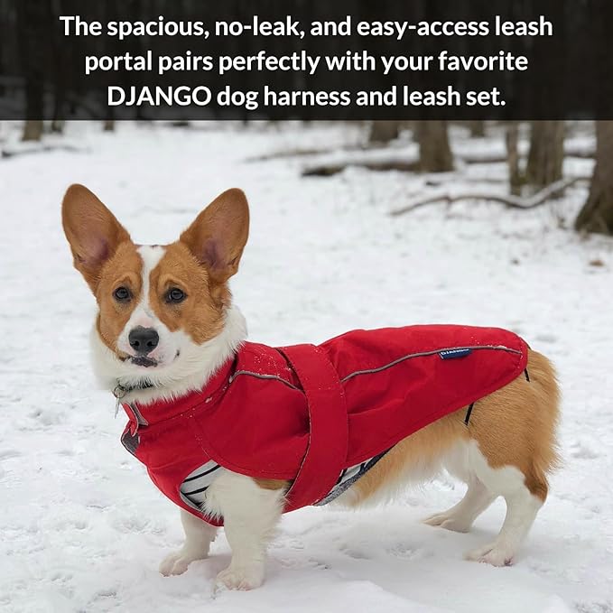DJANGO Dog Jacket & Raincoat – Lightweight Water-Resistant Coat for Small, Medium & Long Dogs Like Dachshunds – Reflective, Adjustable Fit, Harness-Compatible & Easy-Access Harness Hole - Red, Medium