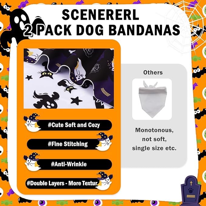 SCENEREAL Halloween Dog Bandanas 2 Pack, Puppy Fall Triangle Bibs Handkerchief Ghost Black Cat, Reversible Holiday Dog Bandana for Boy and Girl, Premium Pet Scarf for Small Medium Large Dogs L