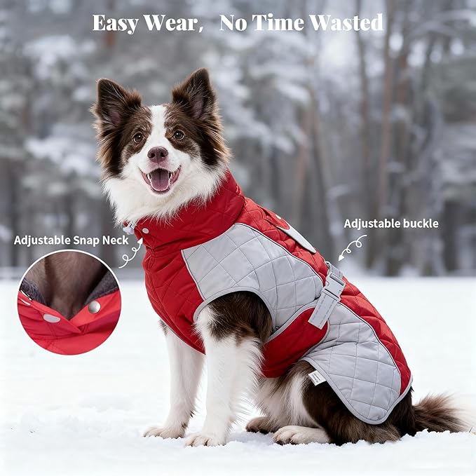 Dog Coat Dogs Winter Coat- Fleece Lined,Water-Resistant,Convertible Collar,Back Reflective Strip&Easy to Wear for Outdoor Walking Dog-Jacket(Red, X-Large)