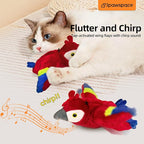 Interactive Flapping Bird Cat Toy with Catnip, Touch Activated Rechargeable, Musical Sound (can Turn Off), Satisfy Cat's Natural Huting Instinct, Soft Plush Washable Cover (Red)